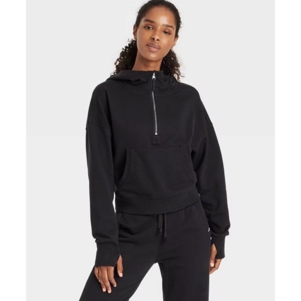 Women's French Terry 1/2 Zip Hooded Pullover Sweatshirt JoyLab Black Size Large